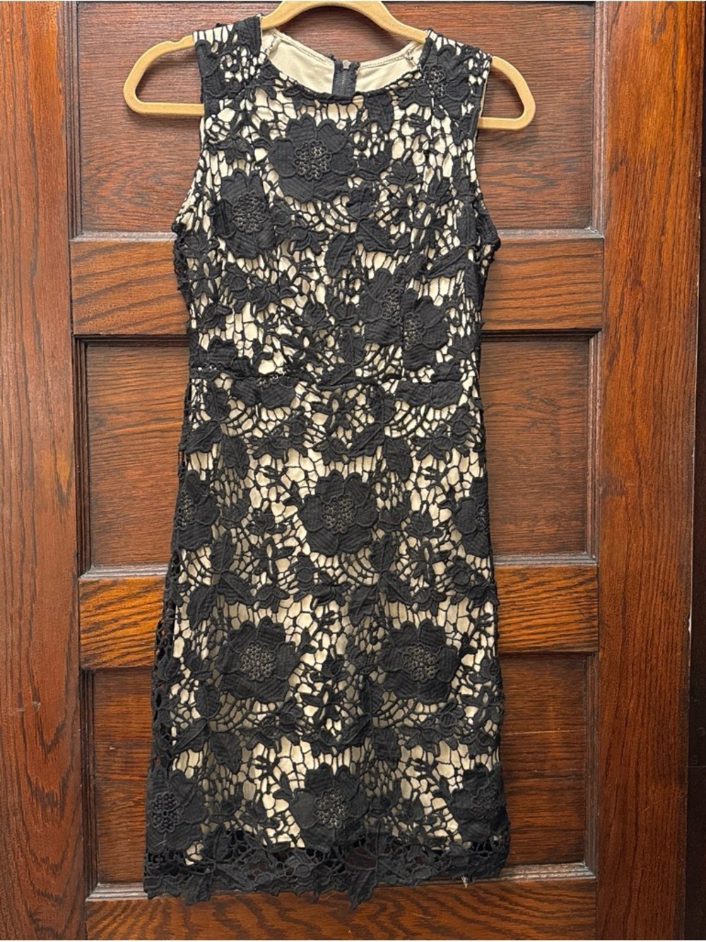 Sleeveless Black Floral Lace Midi Dress with Nude Lining